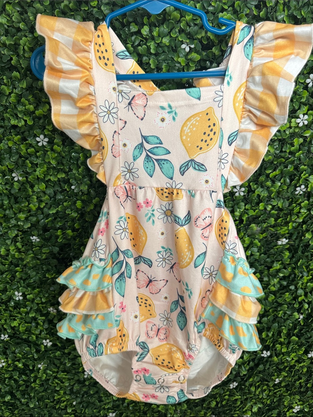 Girls Lemon Print Ruffle Romper - Yellow & Cream